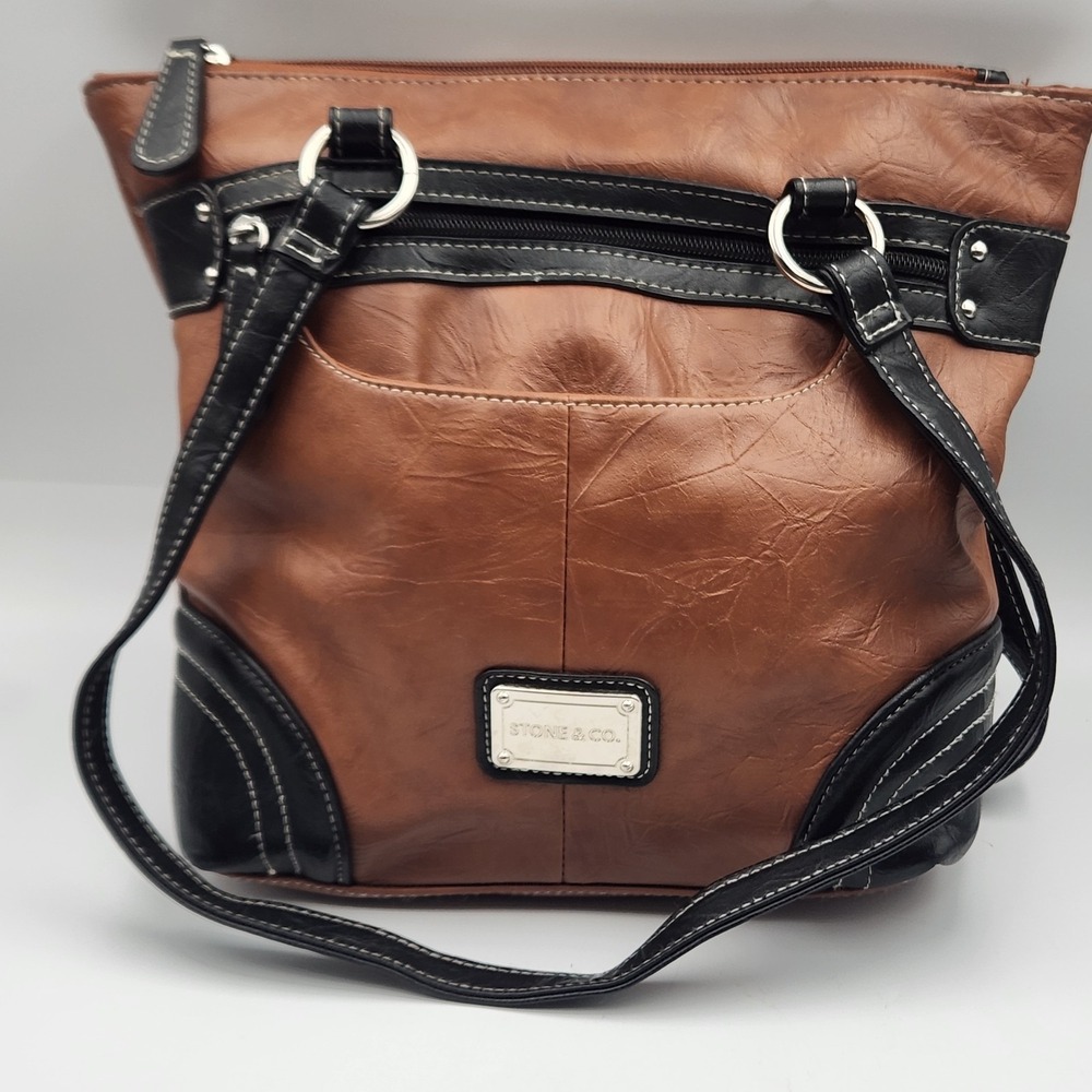 Stone &‎ Co Brown Shoulder Bag Faux Leather Black Trim 10x10 Handbag Purse